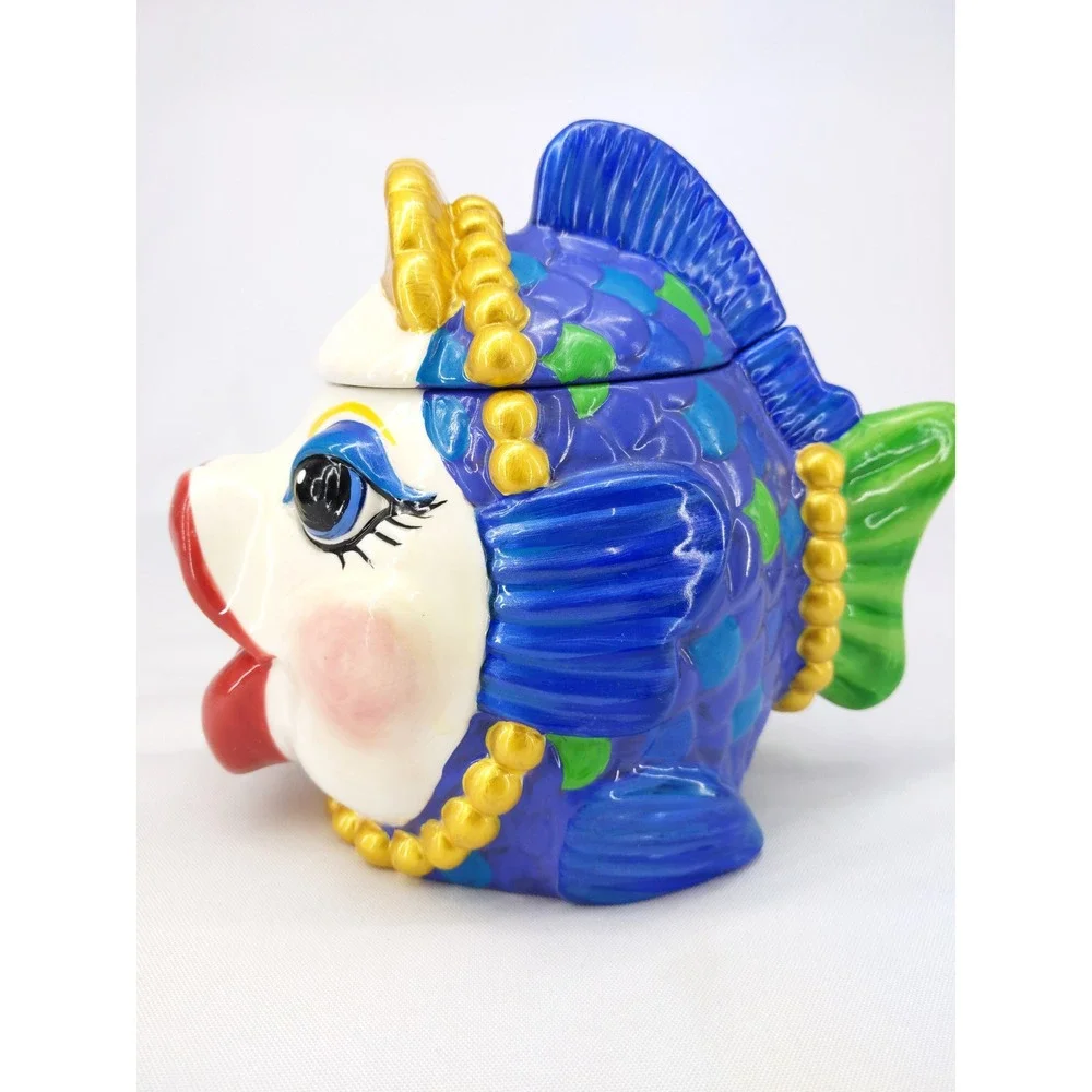 Katherine's Collection Kissing Fish Jar Blue Whimsical Ceramic Lidded Canister